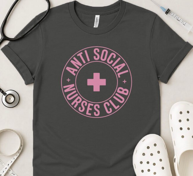 Anti Social Nurses Club Tee – Bold Pink Cross Badge Design