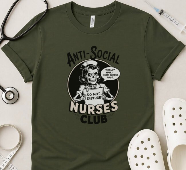 Anti-Social Nurses Club Shirt – Funny Skeleton Nurse Coffee Tee - Image 4