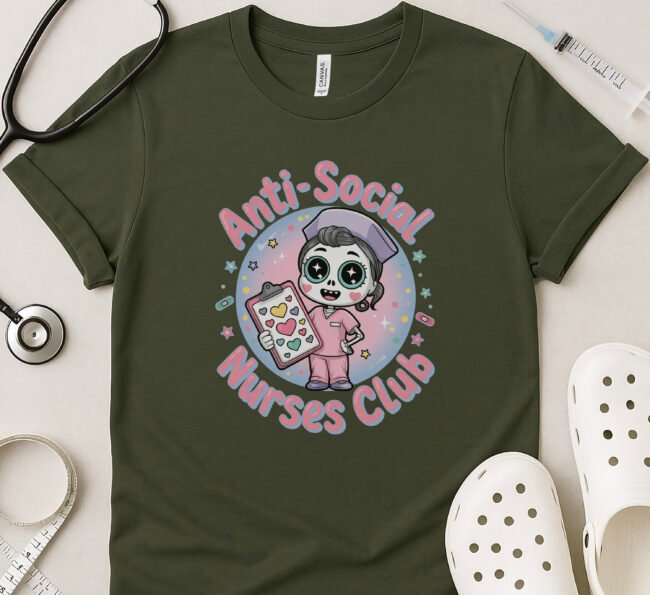 Anti-Social Nurses Club Tee – Cute Cartoon Skeleton Nurse with Hearts Clipboard - Image 3