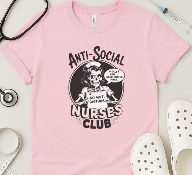 Anti-Social Nurses Club Shirt – Funny Skeleton Nurse Coffee Tee - Image 3