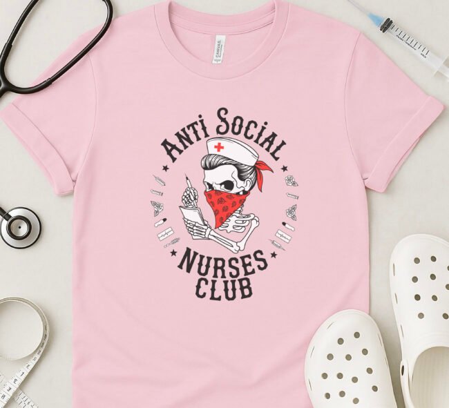 Anti Social Nurses Club T-Shirt – Funny Skeleton Nurse Bandana Tee - Image 3