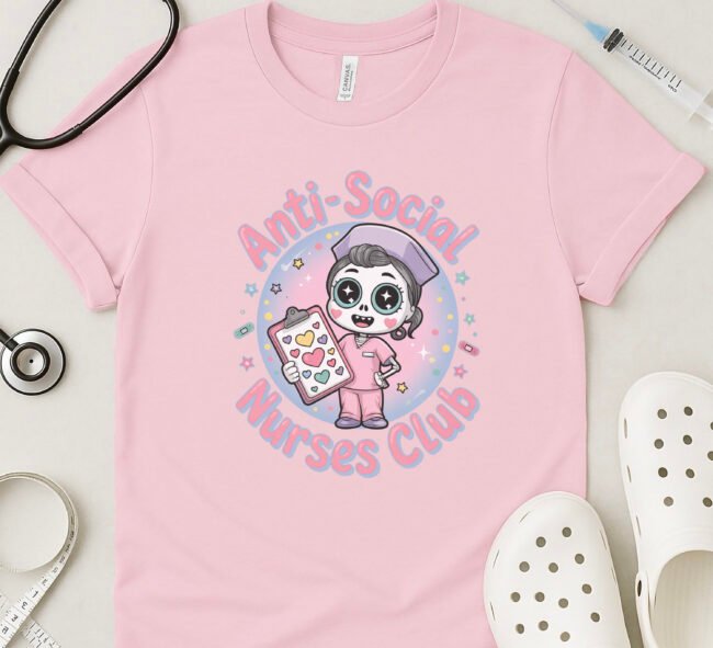 Anti-Social Nurses Club Tee – Cute Cartoon Skeleton Nurse with Hearts Clipboard - Image 6
