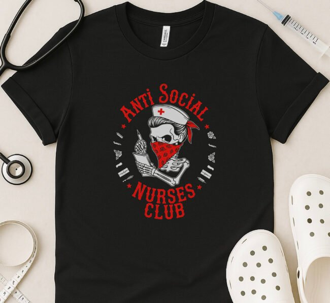 Anti Social Nurses Club T-Shirt – Funny Skeleton Nurse Bandana Tee - Image 2