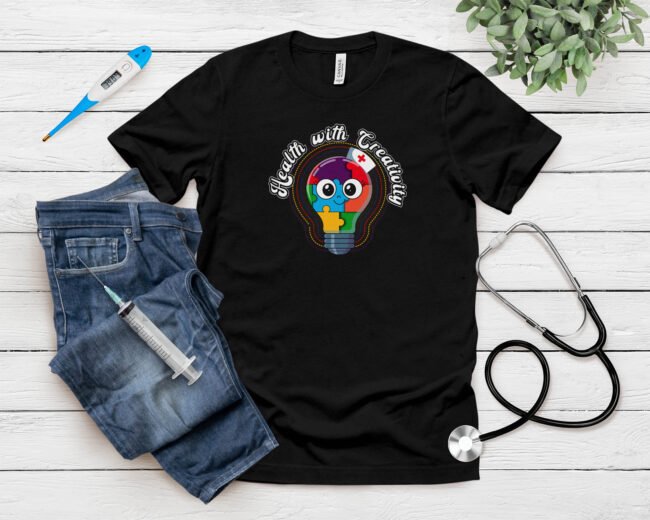 Health with Creativity Nurse Shirt featuring a puzzle-piece lightbulb in bold colors