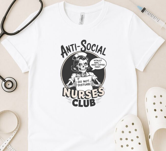 Anti-Social Nurses Club Shirt – Funny Skeleton Nurse Coffee Tee - Image 2