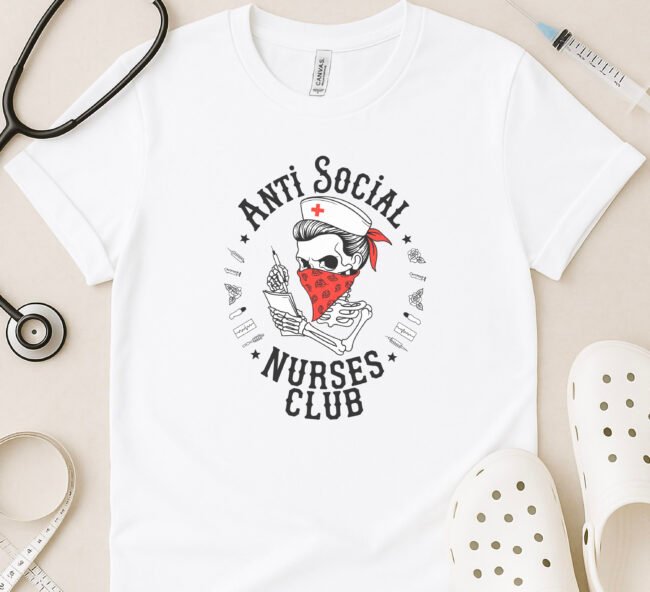 Anti Social Nurses Club T-Shirt – Funny Skeleton Nurse Bandana Tee