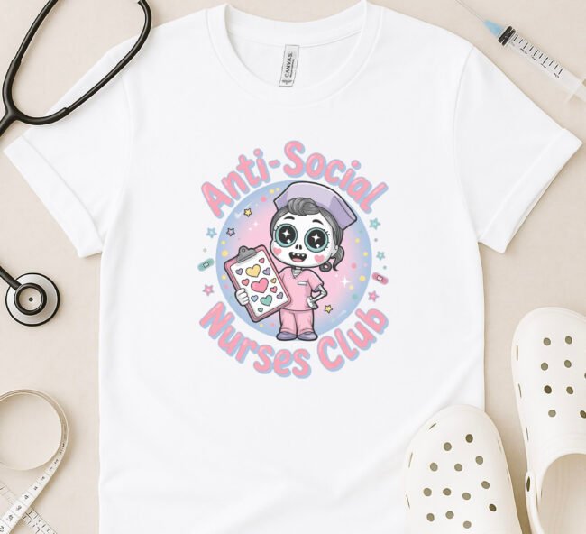 Anti-Social Nurses Club Tee – Cute Cartoon Skeleton Nurse with Hearts Clipboard - Image 4