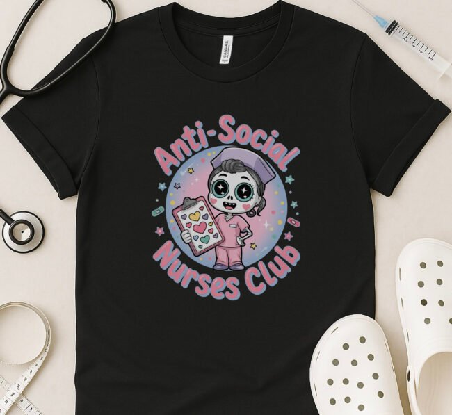 Anti-Social Nurses Club Tee – Cute Cartoon Skeleton Nurse with Hearts Clipboard - Image 2