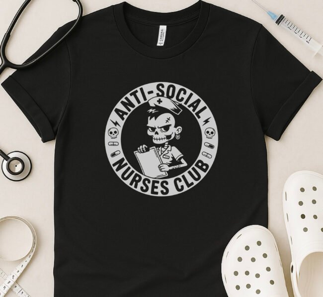 Anti-Social Nurses Club – Punk Skeleton Nurse Tee - Image 5