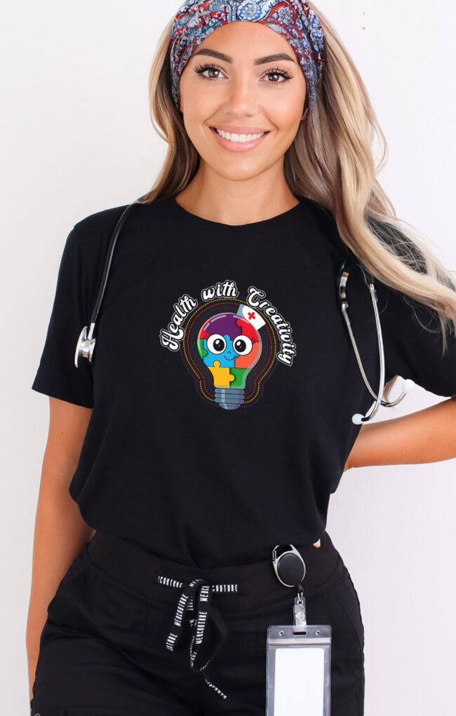 Health with Creativity Nurse Shirt – Colorful Puzzle Pride Black - Image 3