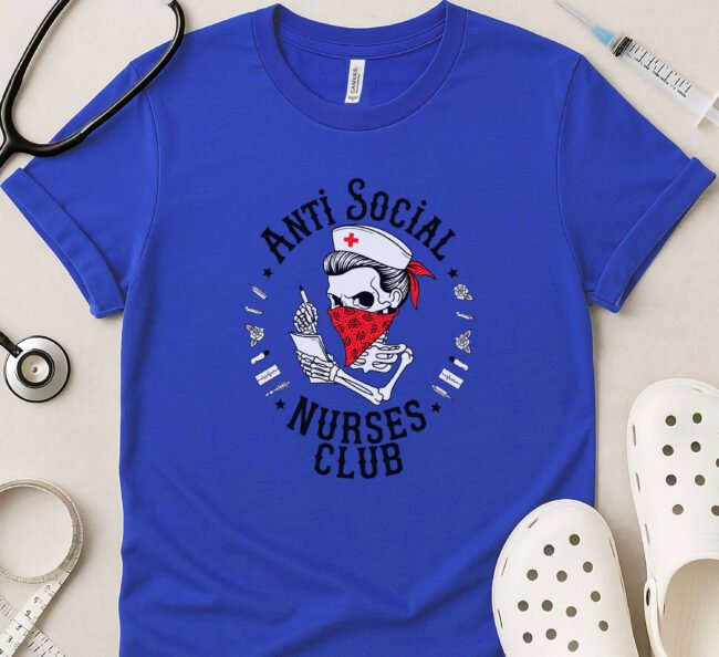 Anti Social Nurses Club T-Shirt – Funny Skeleton Nurse Bandana Tee - Image 4