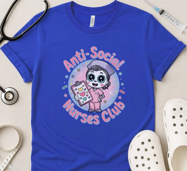 Anti-Social Nurses Club Tee – Cute Cartoon Skeleton Nurse with Hearts Clipboard - Image 5