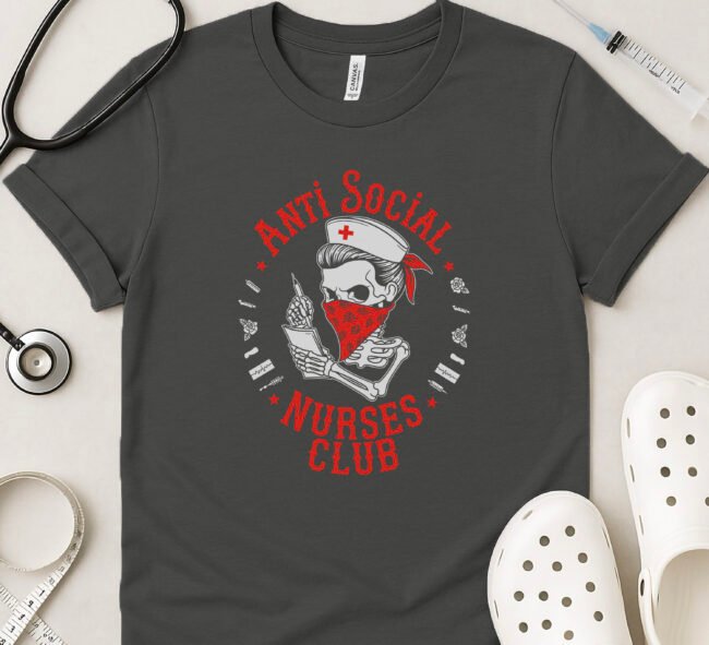 Anti Social Nurses Club T-Shirt – Funny Skeleton Nurse Bandana Tee - Image 5