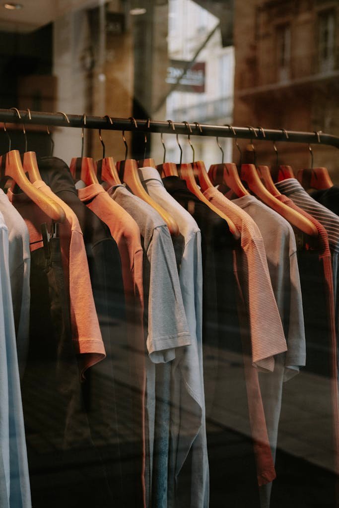 A collection of shirts on wooden hangers displayed in a storefront window, showcasing fashion style.
